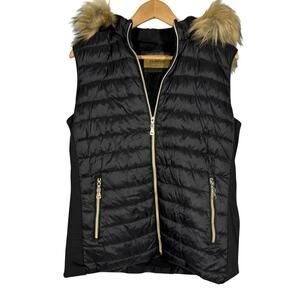 Bodilove Full Zip Quilted Puffer Vest Black Tan Faux Fur Trim Gold Casual - L